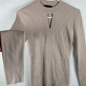 White House Black Market | Women's Grayish-Tan Shimmer Mock-neck Keyhole Sweater